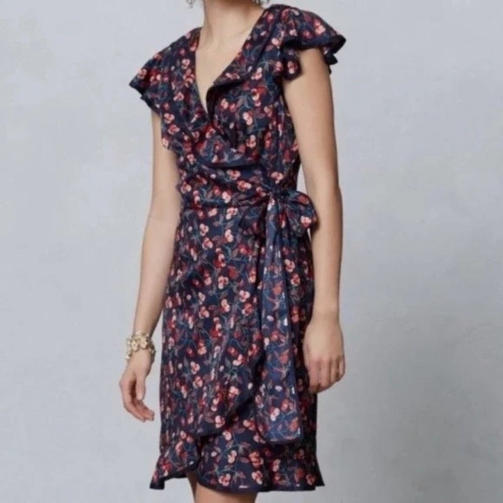 Anthropologie Hey There Cereja Cherry Print Faux Wrap Dress Size 6 Blue Satin